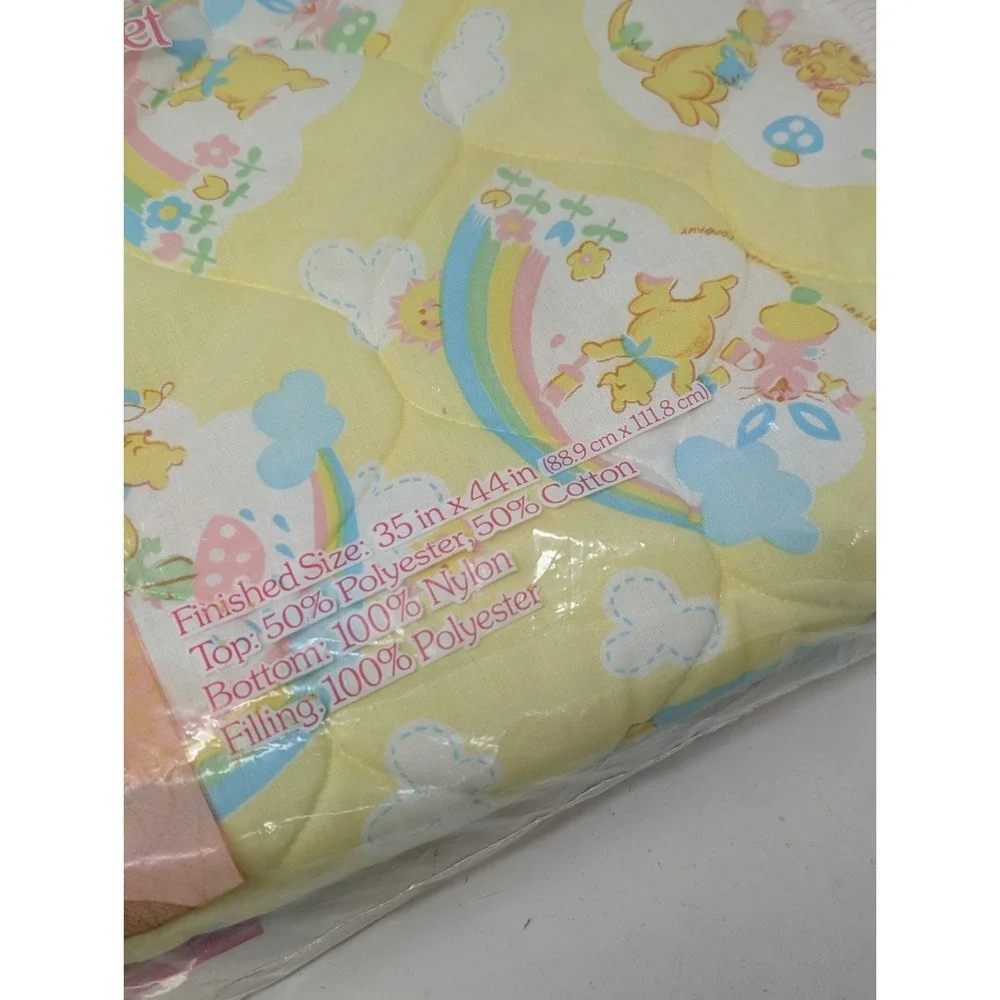 Vintage Curity 1981 Baby Quilt Blanket Yellow Rainbow Elephant Cat Bear NEW OPEN